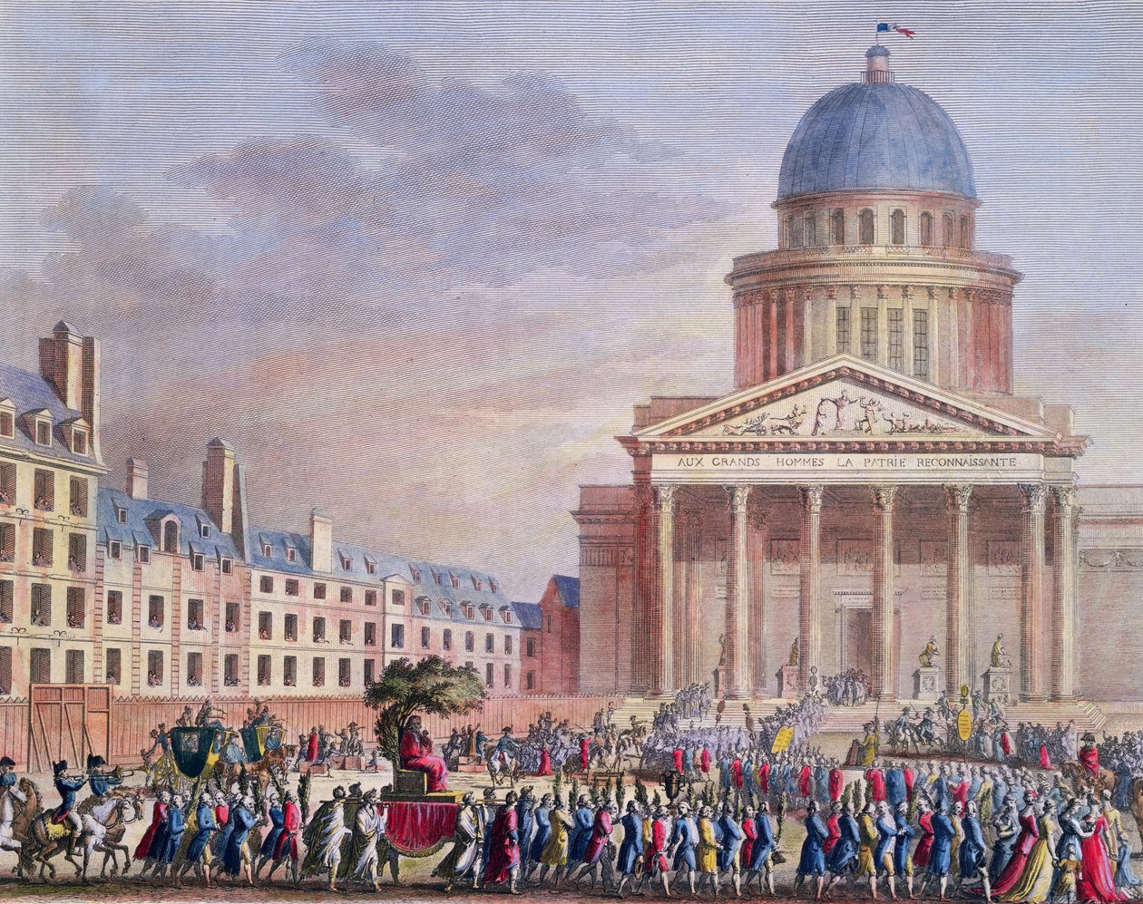 Jean-Jacques Rousseaus (1712-78) apoteos och begravningsprocession till Pantheon i Paris den 21 oktober 1794. av Karl Girardet