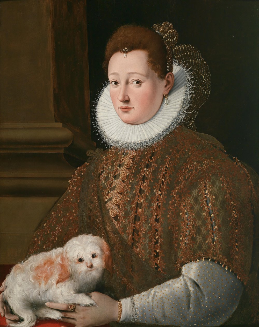 Porträtt av en dam med en hund av Girolamo Macchietti