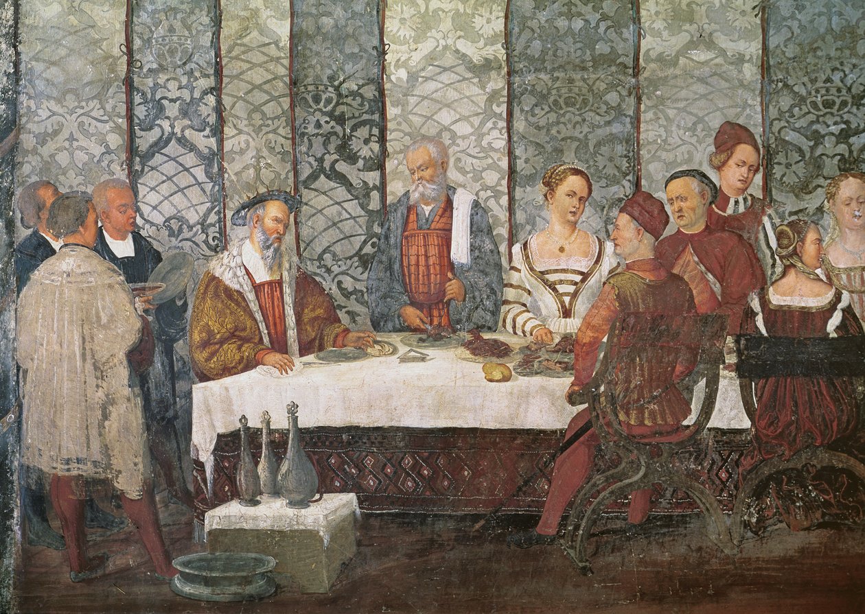 Bankett ges av Bartolomeo Colleoni för kung Christian I av Danmark, 1520-30 (detaljer) av Girolamo Romanino