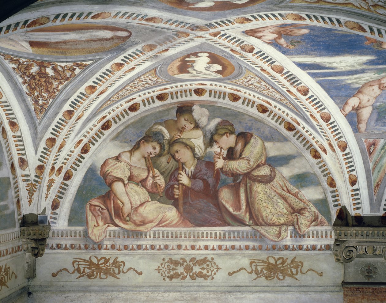 Ram som föreställer en konsertkvartett av blockflöjter, 1532 av Girolamo Romanino