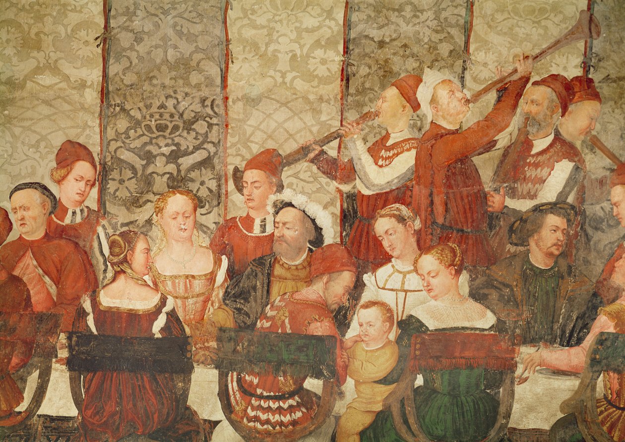 Gäster vid banketten av Bartolomeo Colleoni för kung Christian I av Danmark på slottet Malpaga 1474, 1520-30 (detaljer) av Girolamo Romanino
