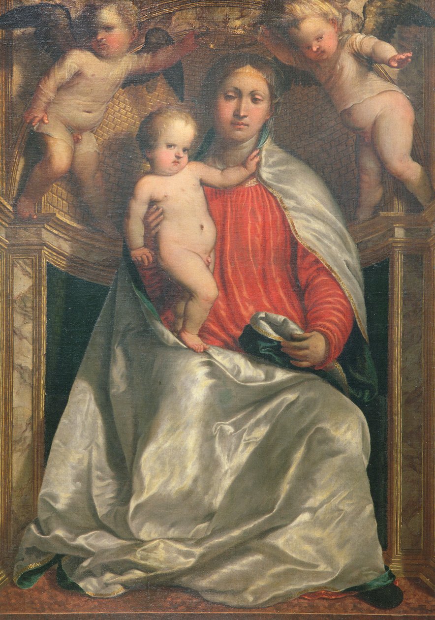 Madonna och barn krönt av två änglar, ca 1530 av Girolamo Romanino
