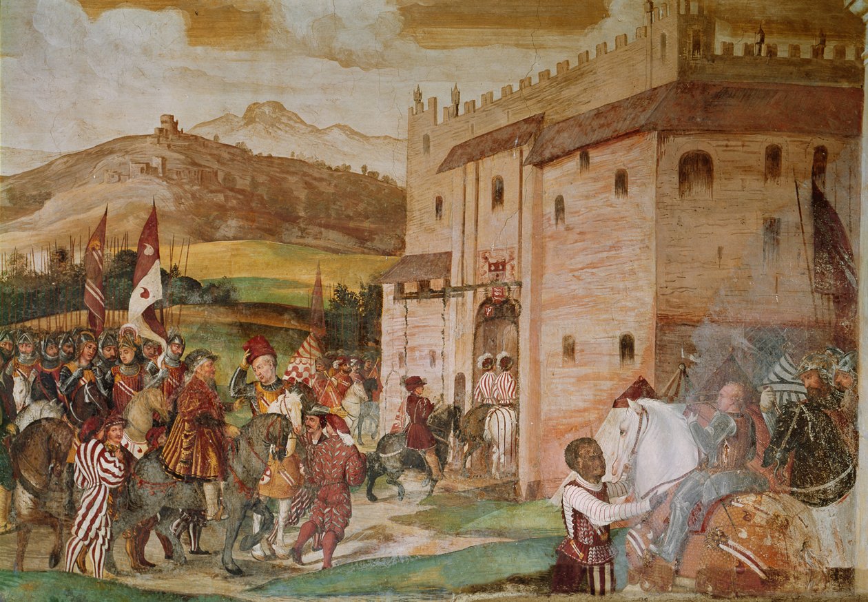 Modtagelse af kong Christian I af Danmark af kondottieren Bartolomeo Colleoni på slottet Malpaga i 1474, 1520-30 swed. av Girolamo Romanino