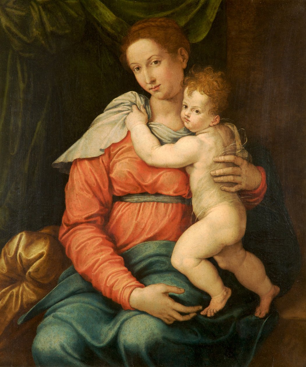Jungfru och barn före en grön gardin av Girolamo Siciolante da Sermoneta