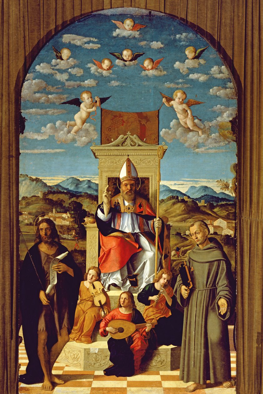St Thomas a Becket (1118-70) tronade med SS. Franciskus och Johannes Döparen 1520 av Girolamo Da Santa Croce