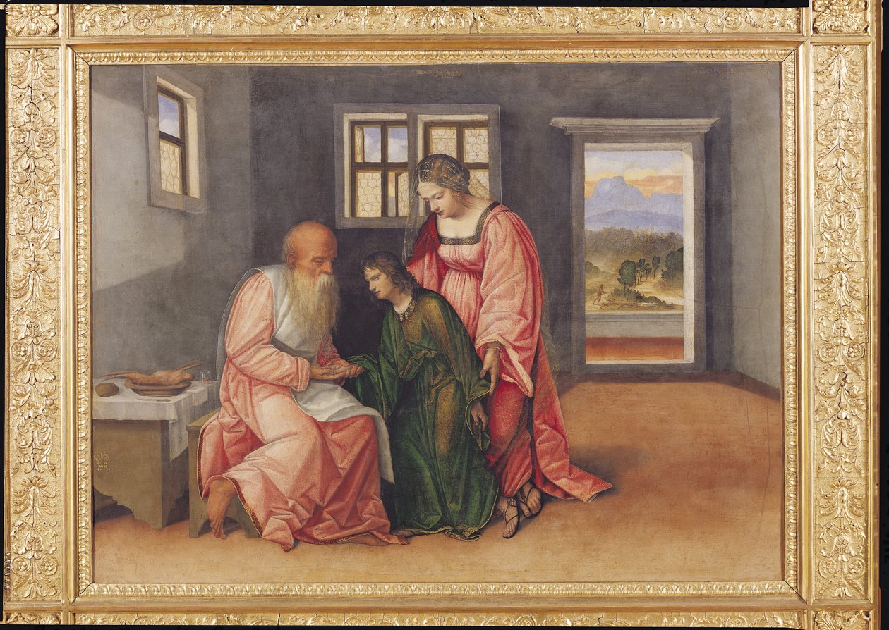 Isaac Blessing Jacob, c.1520 (suauu i luga o le ie tapoleni na sii mai le laulau) fa