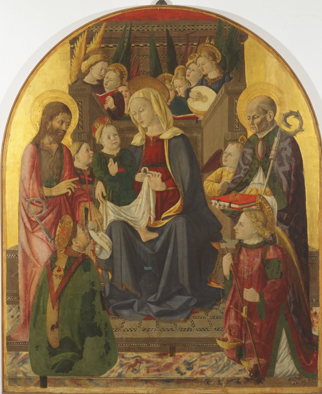 Madonna and Child Enthroned with Angels and Saints, c.1440-tal (tempera på panel med guld) av Girolamo di Giovanni di Camerino
