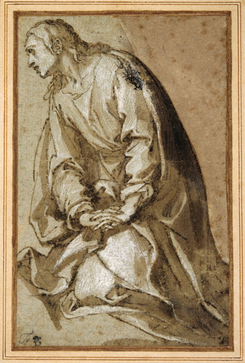 Ett ungt helgon som knäböjer i bön (penna & brunt bläck med brun tvätt och höjning) av Girolamo (circle of) Muziano