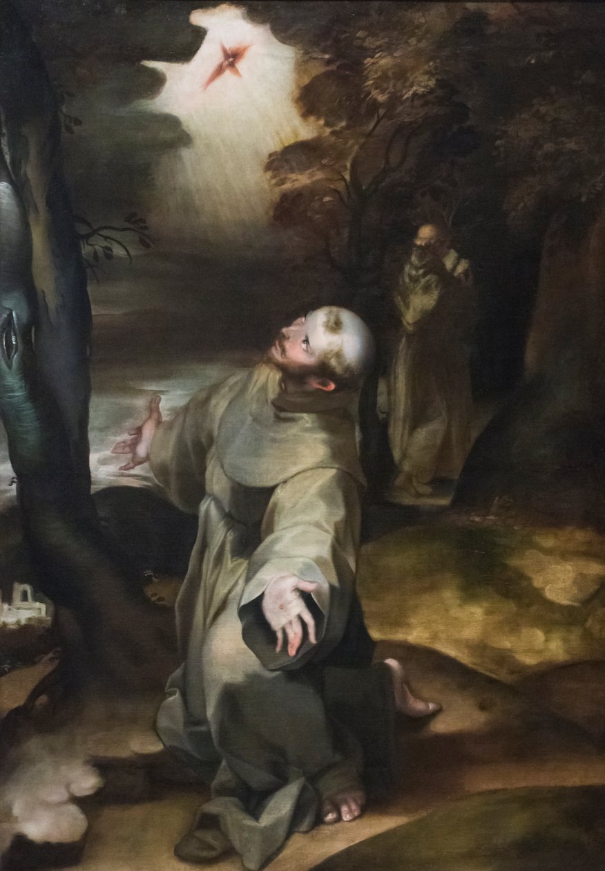St Francis tar emot stigmata (olja på träpanel) av Girolamo (follower of) Muziano