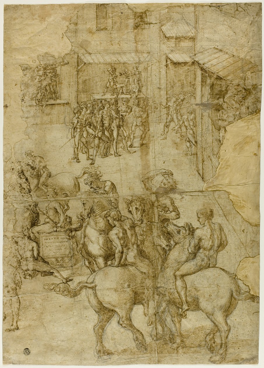 Mytologisk tävling (recto); Oläsliga inskrifter och anatomiska studier av huvudet (verso) av Girolamo Genga