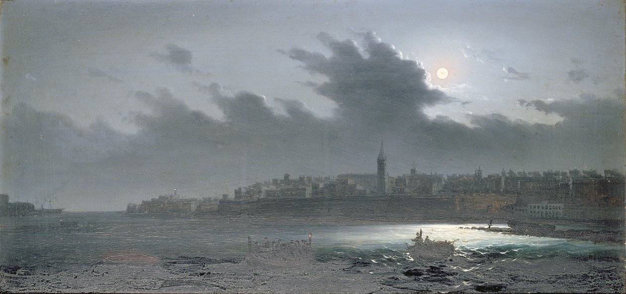 Utsikt över Malta utanför hamnen på natten, 1876 av Girolamo Gianni