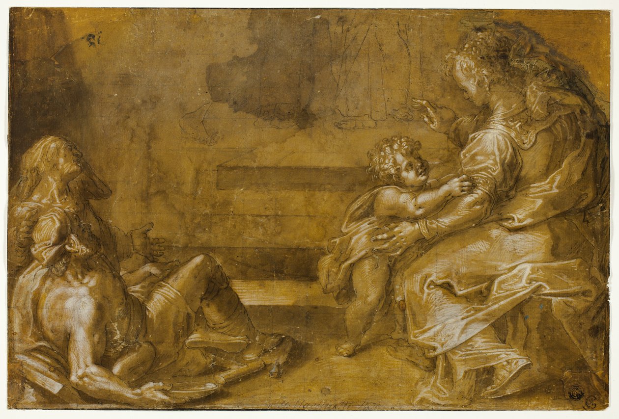 Två liggande tiggare och sittande mor och barn, vid foten av trappan av Girolamo Macchietti