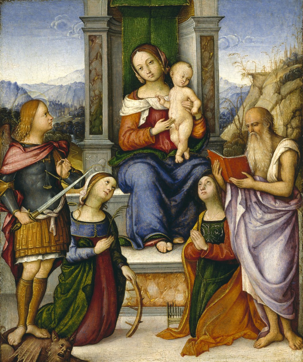 Jungfrun och barnet tronade med de heliga Mikael, Katarina av Alexandria, Cecilia och Hieronymus, ca 1512 av Girolamo Marchesi da Cotignola