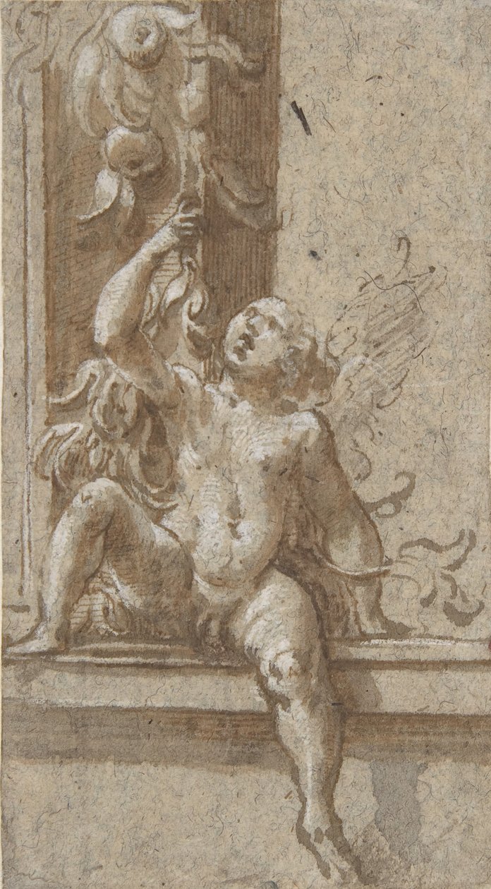 En putto sittande på en ram, ca. 1538-40. av Girolamo Mazzola Bedoli