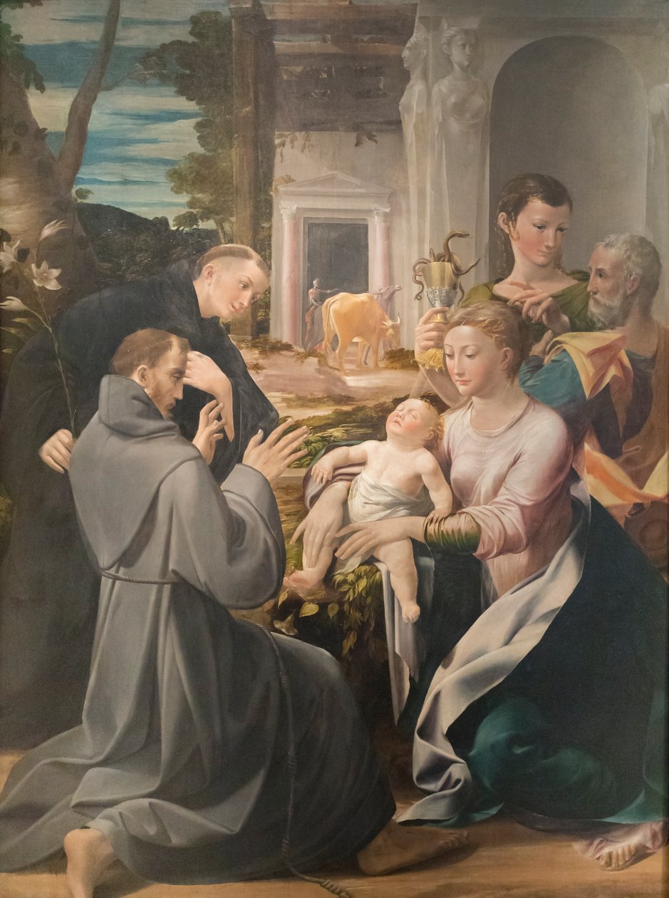 Helig familj med den helige Antonius av Padua, den helige Franciskus av Assisi och den helige Johannes evangelisten, Girolamo Mazzola Bedoli av Girolamo Mazzola Bedoli