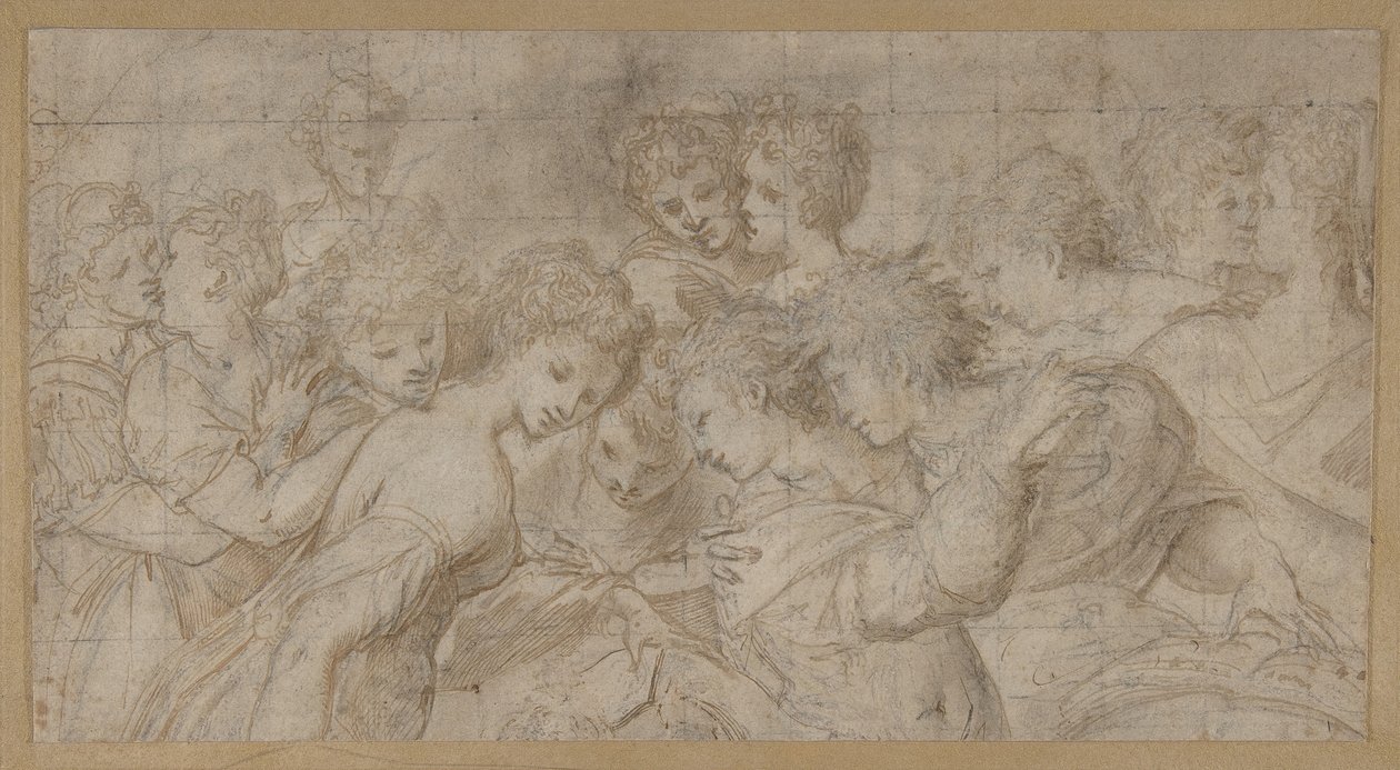Omfamnar kvinnliga figurer, några som håller noter., 1570-73. av Girolamo Mirol.