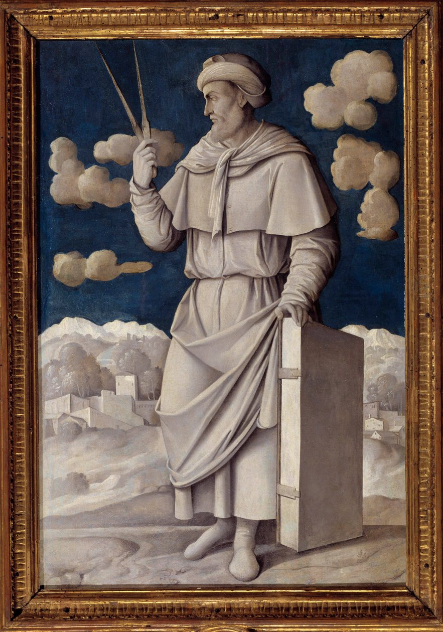 Porträtt vid foten av Euklid (325-265 f.Kr.), grekisk matematiker Målning av Girolamo Mocetto (1458-1531) 1531 Paris. Musee Jacquemart Andre - Hellängdsporträtt av Euklid (325-265 f.Kr.), engelsk matematiker. Målning av Girolamo Mocetto (1458-1531) av Girolamo Mocetto