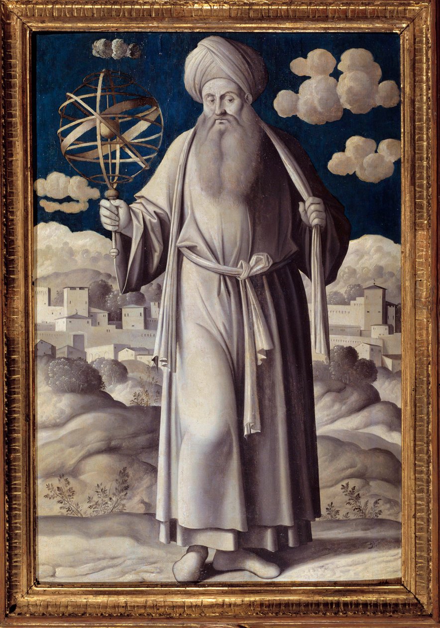 Porträtt i foten av Ptolemaeus (Claudius Ptolemaeus) (90-168 AD), grekisk astronom Målning av Girolamo Mocetto (1458-1531) 1531 Paris. Musee Jacquemart Andre - Hellängdsporträtt av Ptolemaios (Claudius Ptolemaeus) (90-168 e.Kr.). grekisk astronom. Målar av av Girolamo Mocetto