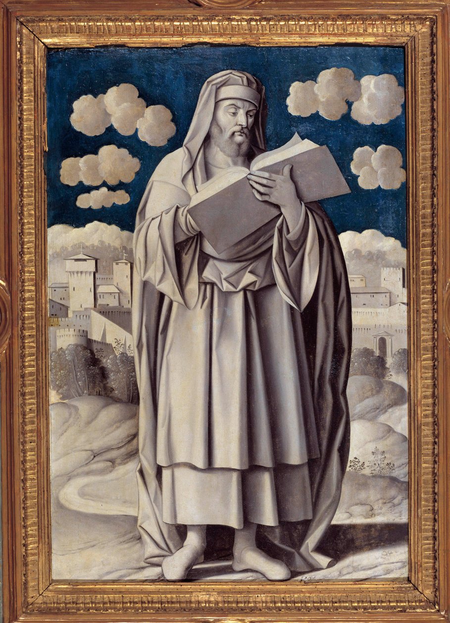 Porträtt vid foten av den grekiske filosofen Aristoteles (384-322 f.Kr.) Målning av Girolamo Mocetto (1458-1531) 1531 Paris. Musee Jacquemart Andre - Hellängdsporträtt av den grekiske filosofen Aristoteles (384-322 f.Kr.). Målning av Girolamo Mocetto (1458 av Girolamo Mocetto