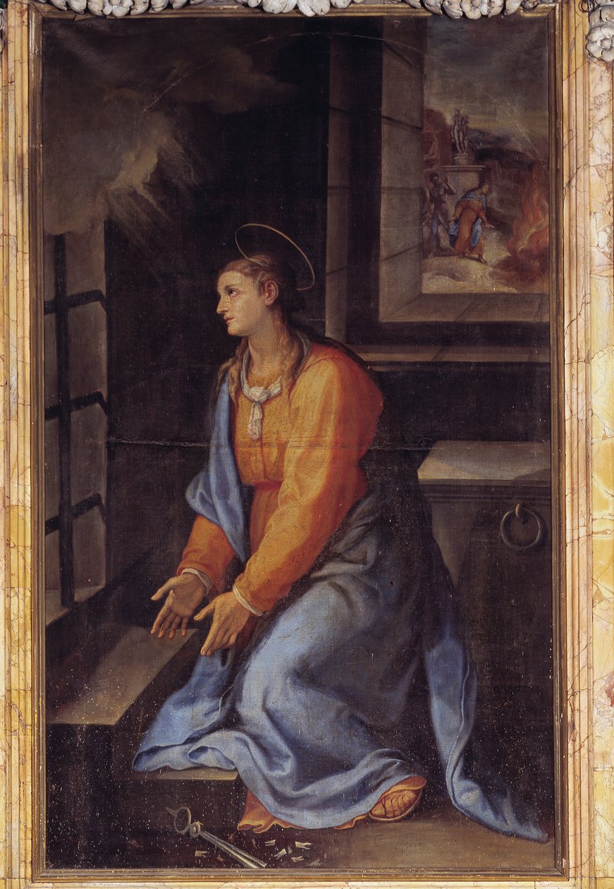 Porträtt av Saint Apollonia i fängelse (olja på duk av Girolamo Muziano