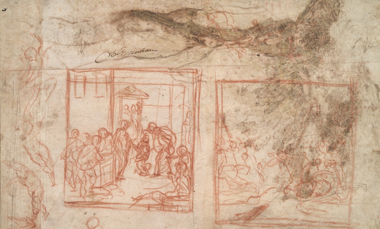 Studie av ett träd (r); Figur- och kompositionsstudier (v) av Girolamo Muziano