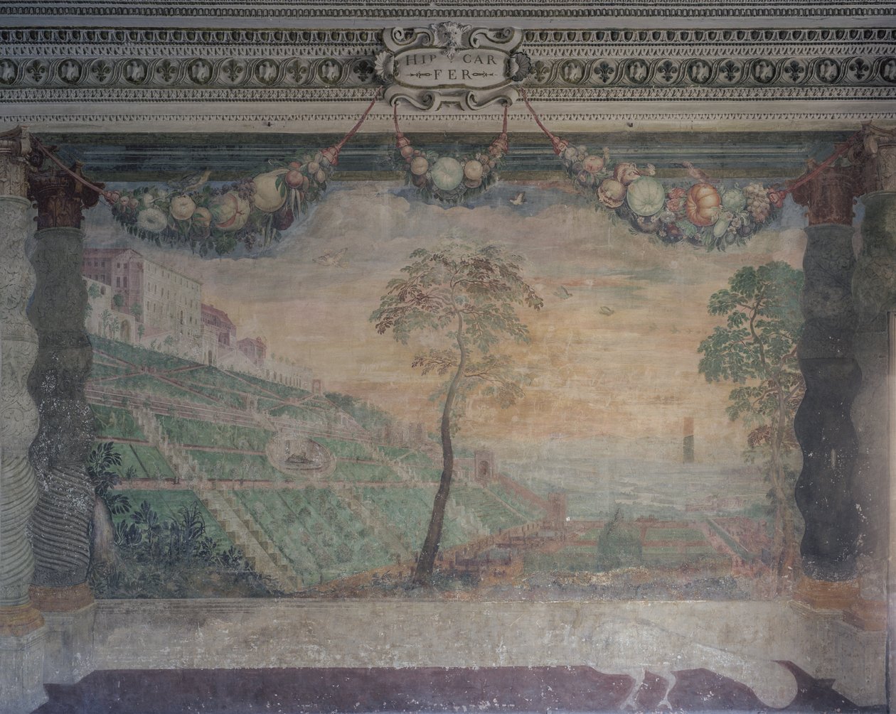 Utsikt över villan baserad på den ursprungliga designen, Hall of the Fountain av Girolamo Muziano