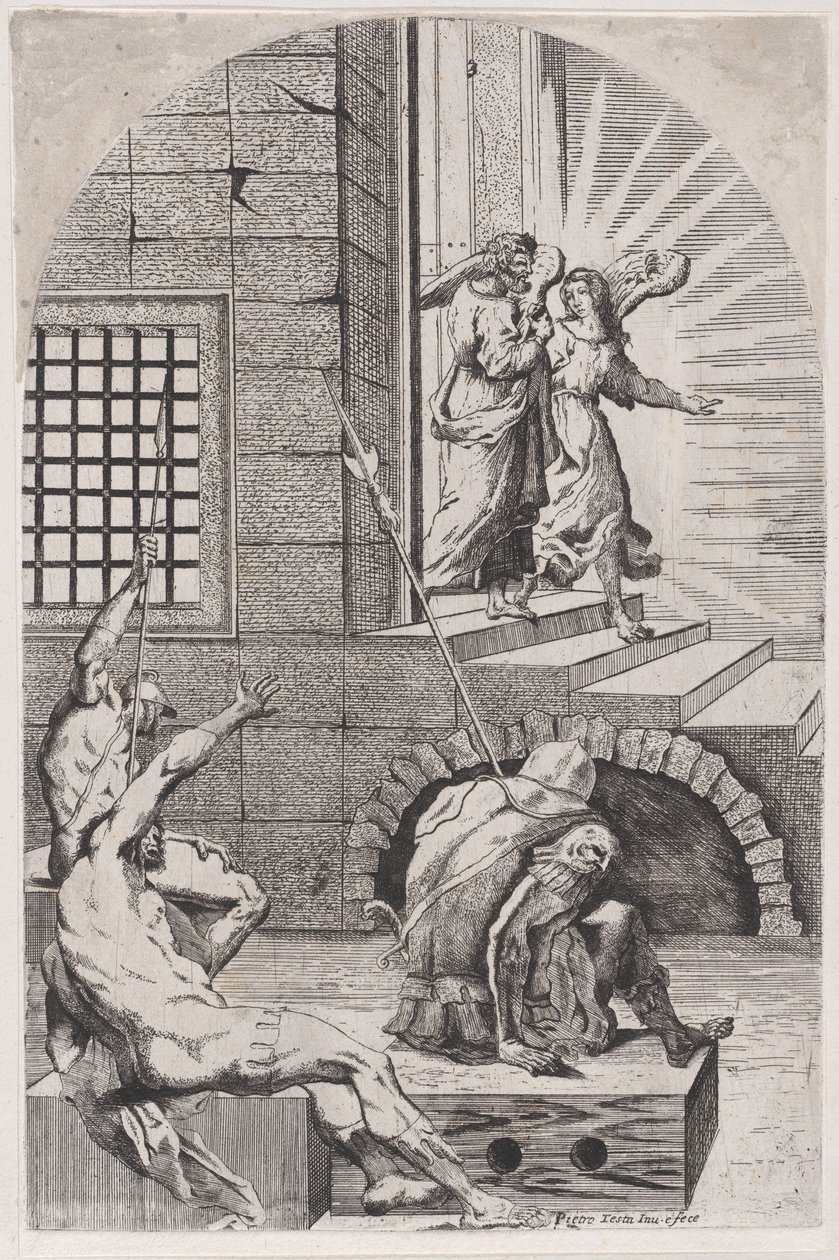 Sankt Peter släpptes ur fängelset av ängeln, 1650-70. av Girolamo Pedrignani