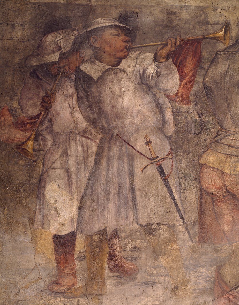Figur av man som spelar trumpet, detalj från fresk av Girolamo Romanino (cirka 1484-1566), St. Anthony (Saint