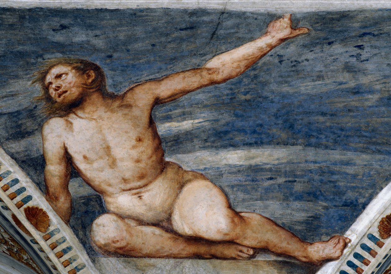 Naken man, Detalj av fresker av Girolamo Romanino (ca 1484-efter 1559), beställd av Bernardo Clesio av Girolamo Romanino