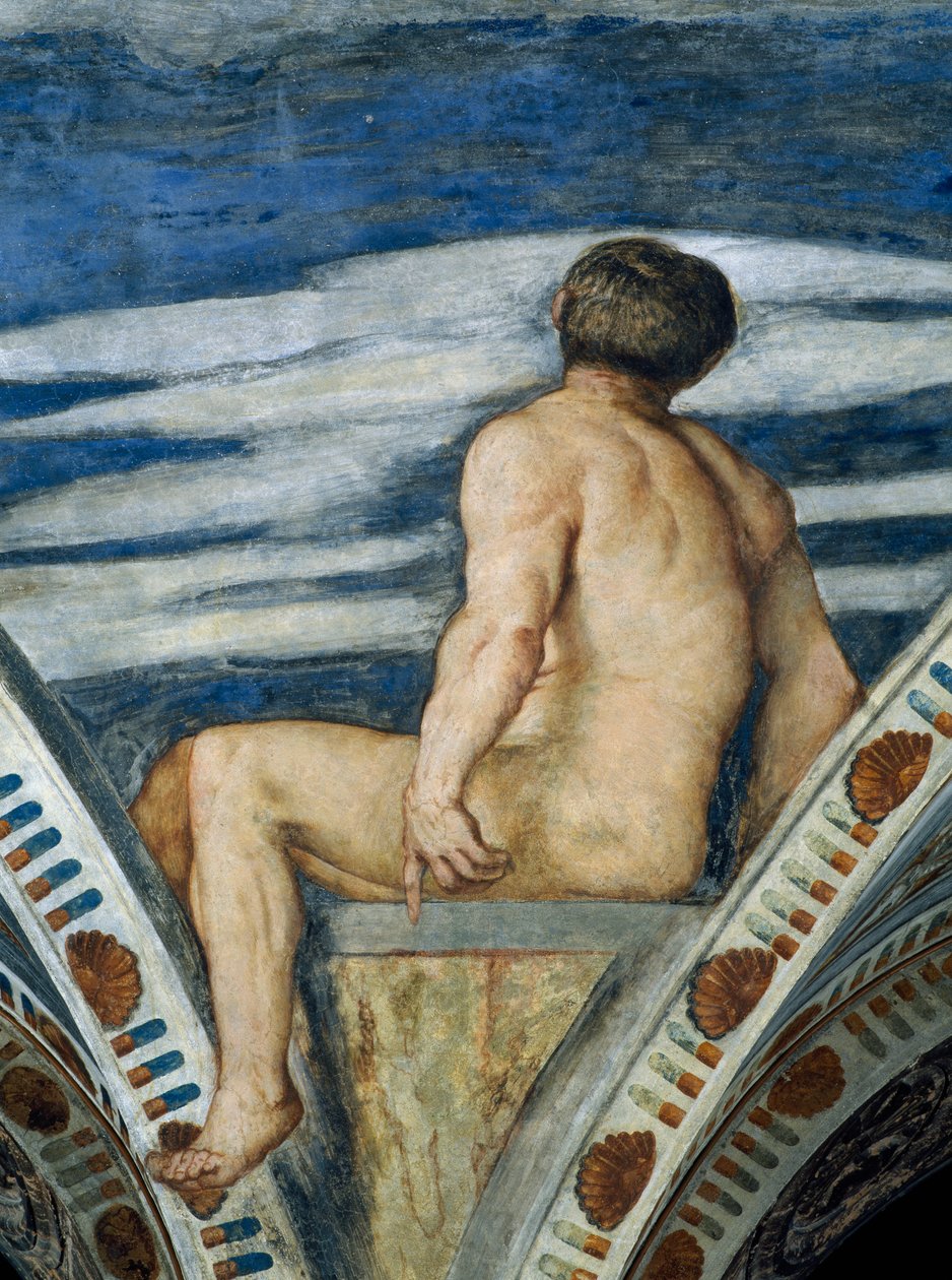 Naken man, Detalj av fresker av Girolamo Romanino (ca 1484-efter 1559), beställd av Bernardo Clesio av Girolamo Romanino