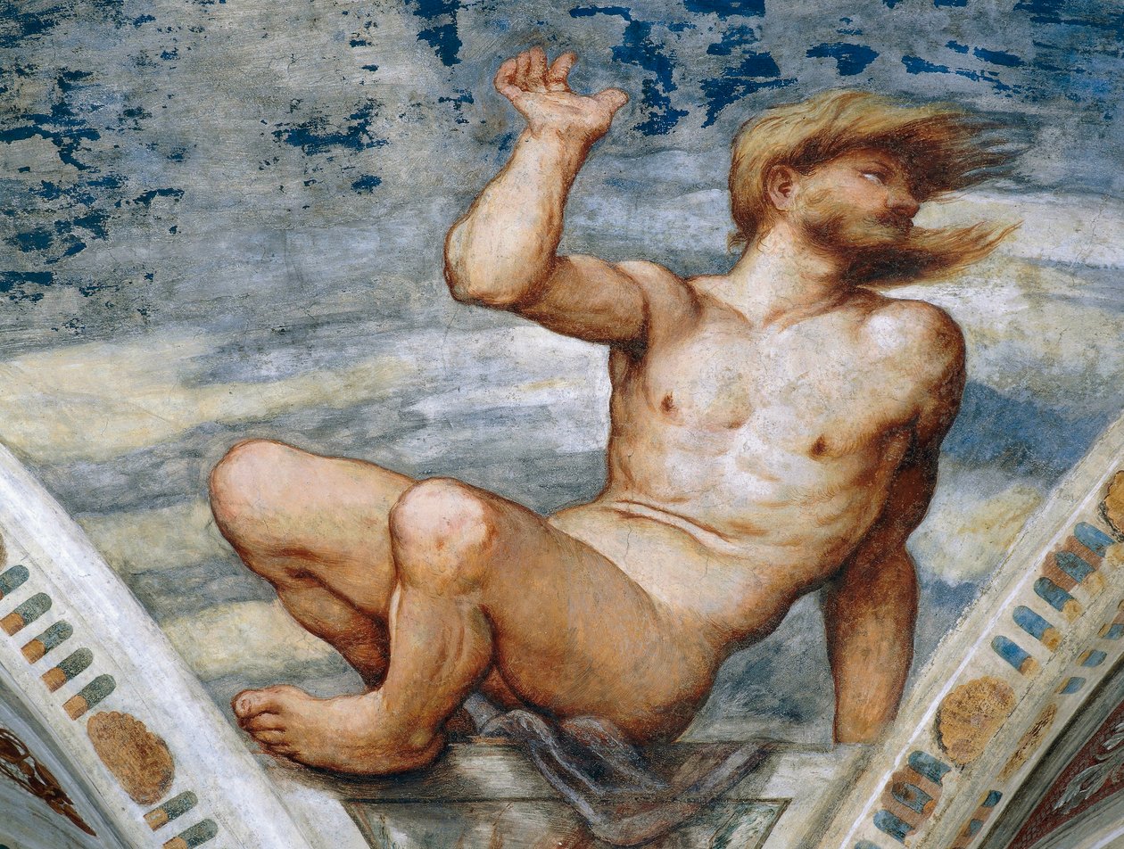 Naken man, Detalj av fresker av Girolamo Romanino (ca 1484-efter 1559), beställd av Bernardo Clesio av Girolamo Romanino
