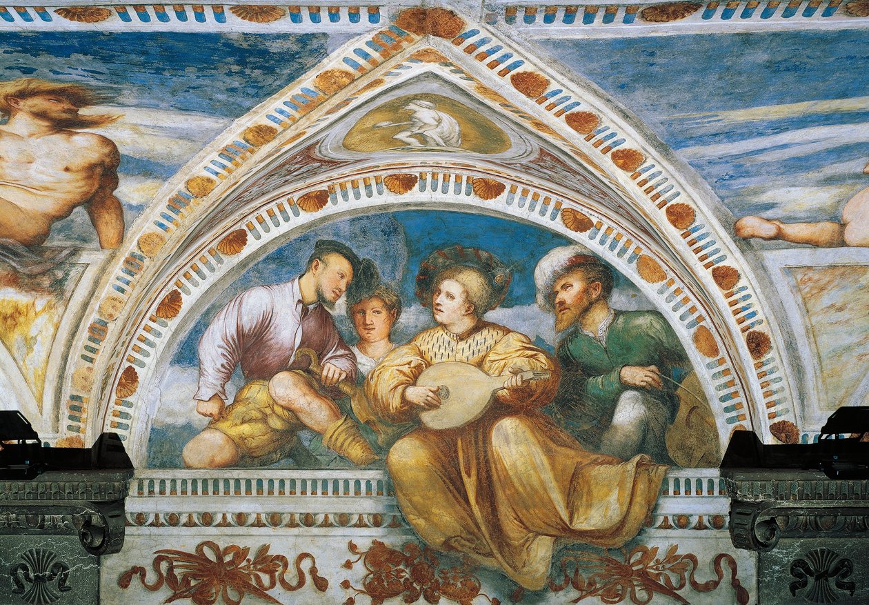 Mandolinspelare, Detalj av fresker av Girolamo Romanino (ca 1484-efter 1559), beställd av Bernardo Clesio av Girolamo Romanino