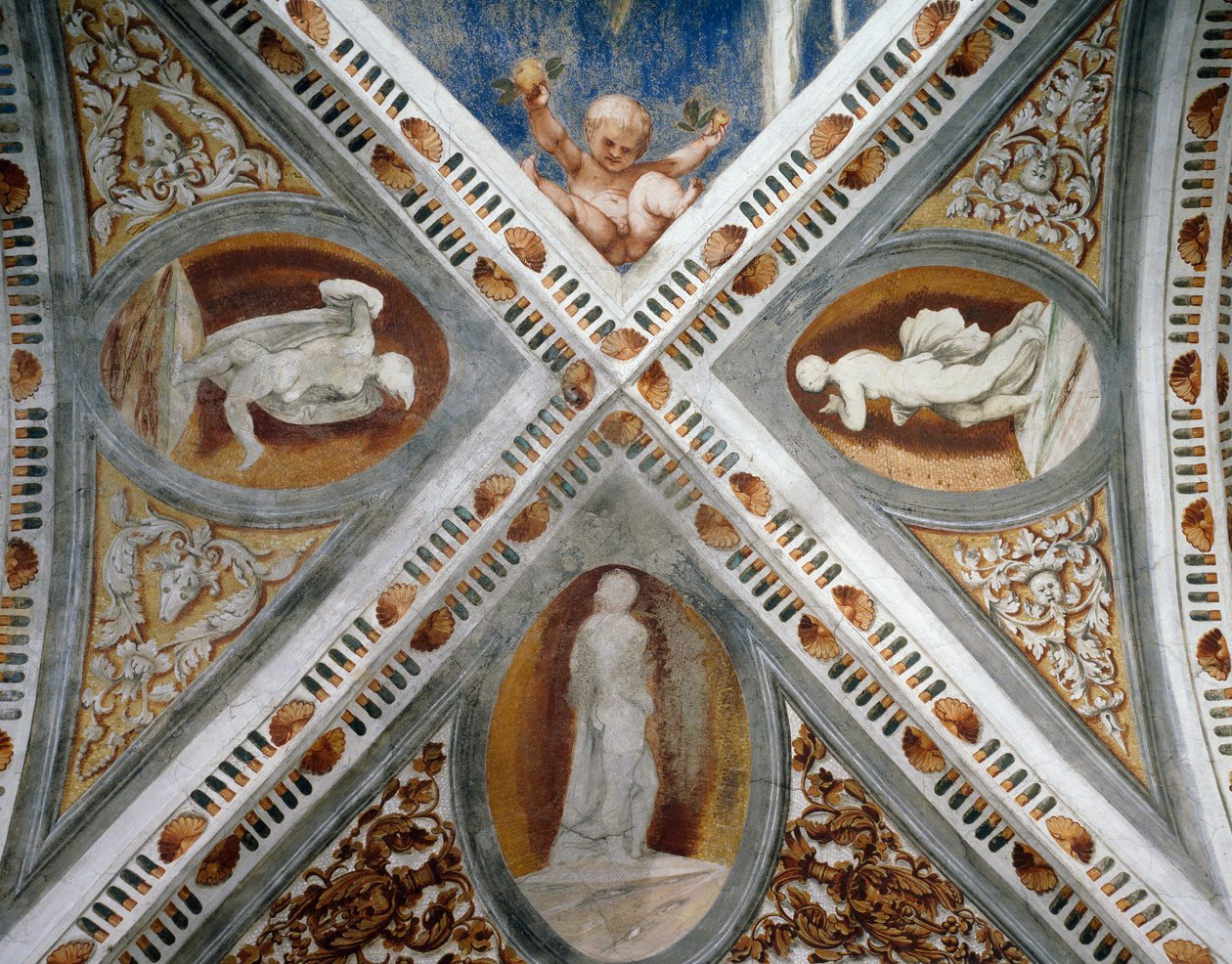 Mosaiknischer och statyer, Detalj av fresker av Girolamo Romanino (ca 1484-efter 1559), beställd av Bernardo Clesio av Girolamo Romanino
