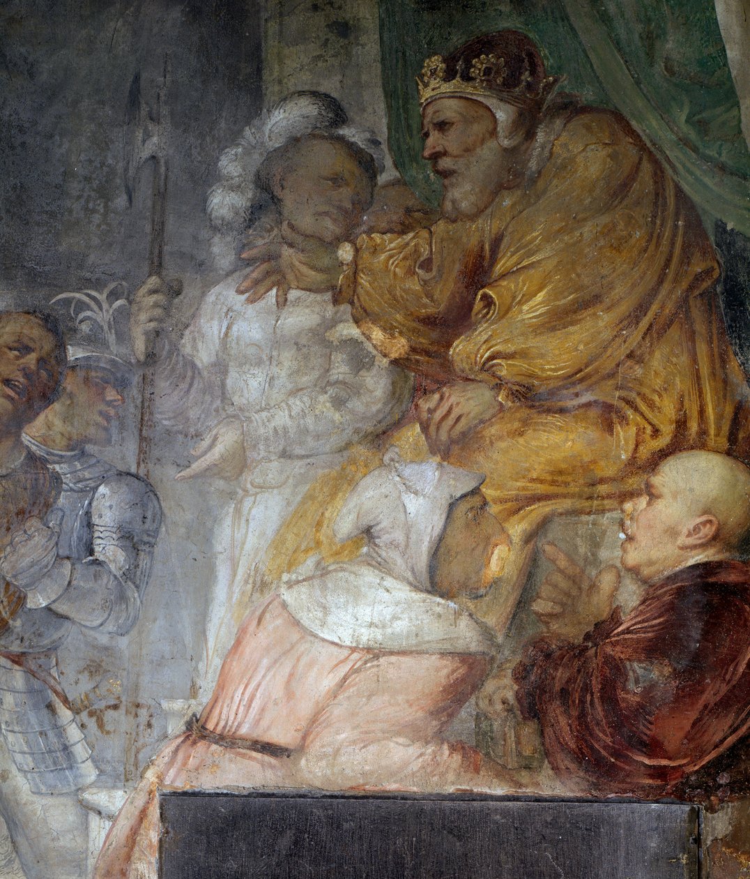 Nebukadnessar, detalj från miraklet med Daniels tre följeslagare, fresk av Girolamo Romanino (ca 1484-efter 1562), detalj av den högra väggen i Church of Saint Anthony Abbot, Breno. Italien av Girolamo Romanino