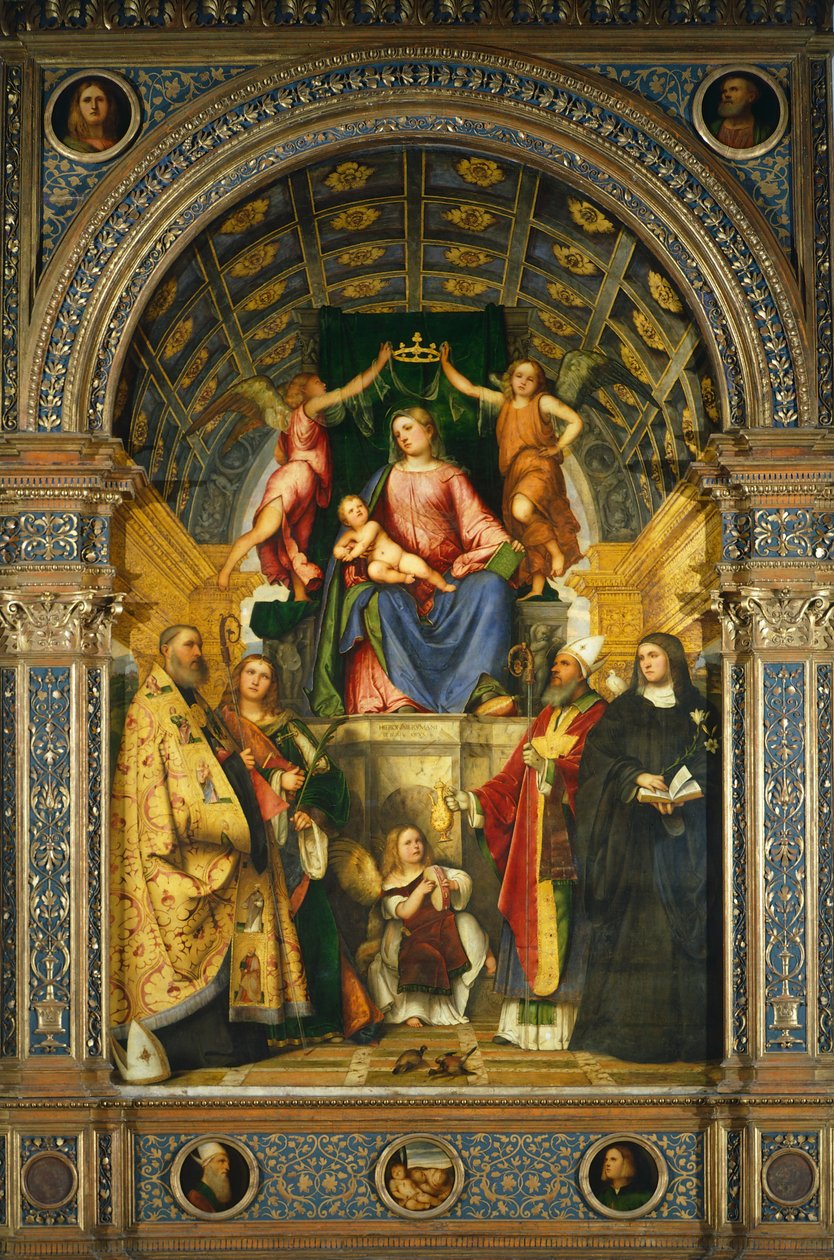 Sankta Justinas altartavla: Madonna tronad med de heliga Benedictus, Justina, Prosdocimo och Scholastica, av Girolamo Romanino (cirka 1484-efter 1562). av Girolamo Romanino