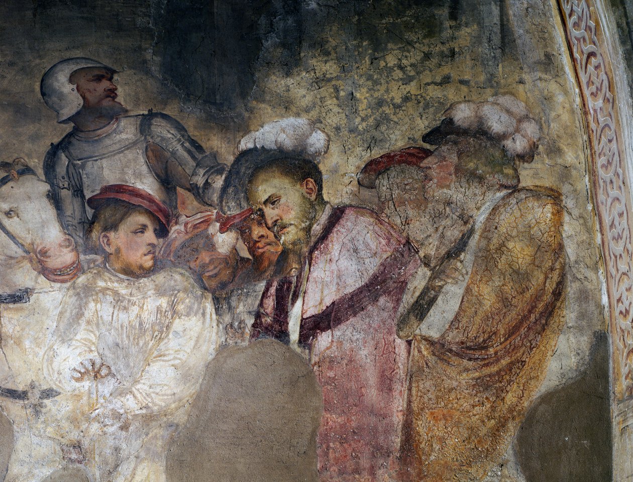 Soldat bär rustning och män bär hattar, detalj av en fresk av Girolamo Romanino (ca 1484-efter 1562), den vänstra väggen i presbyteriet i Church of Saint Anthony Abbot, Breno. Italien av Girolamo Romanino