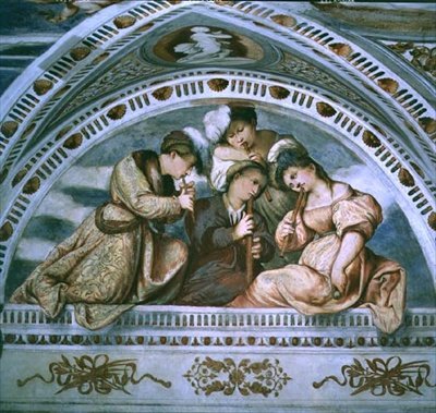 Konserten: blåsinstrument, lunette av Girolamo Romanino