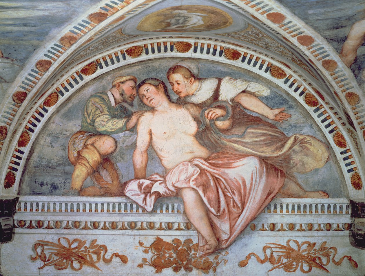 Cleopatras död, lunette, 1531-32 av Girolamo Romanino