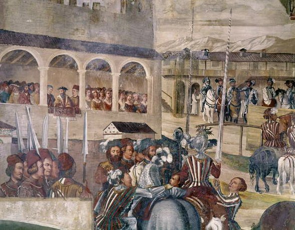Turnering till ära för Christian I av Danmark på Castello di Malpaga, detalj från vänster sida, 1520-30 av Girolamo Romanino