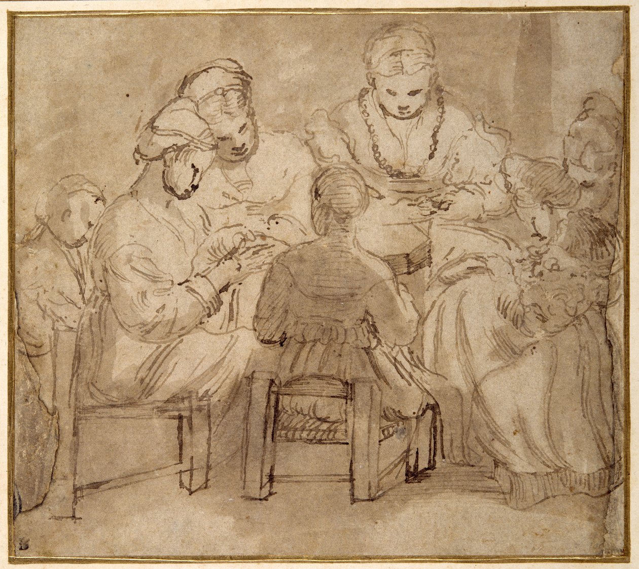Kvinnor och flickor sitter runt ett bord och syr (penna & brunt bläck med brunt tvätt på papper) av Girolamo Romanino