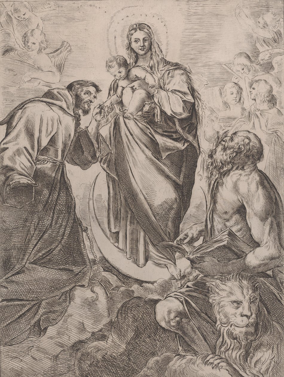 Jungfrun med heliga Hieronymus och Franciskus, 1660-80. av Girolamo Rossi