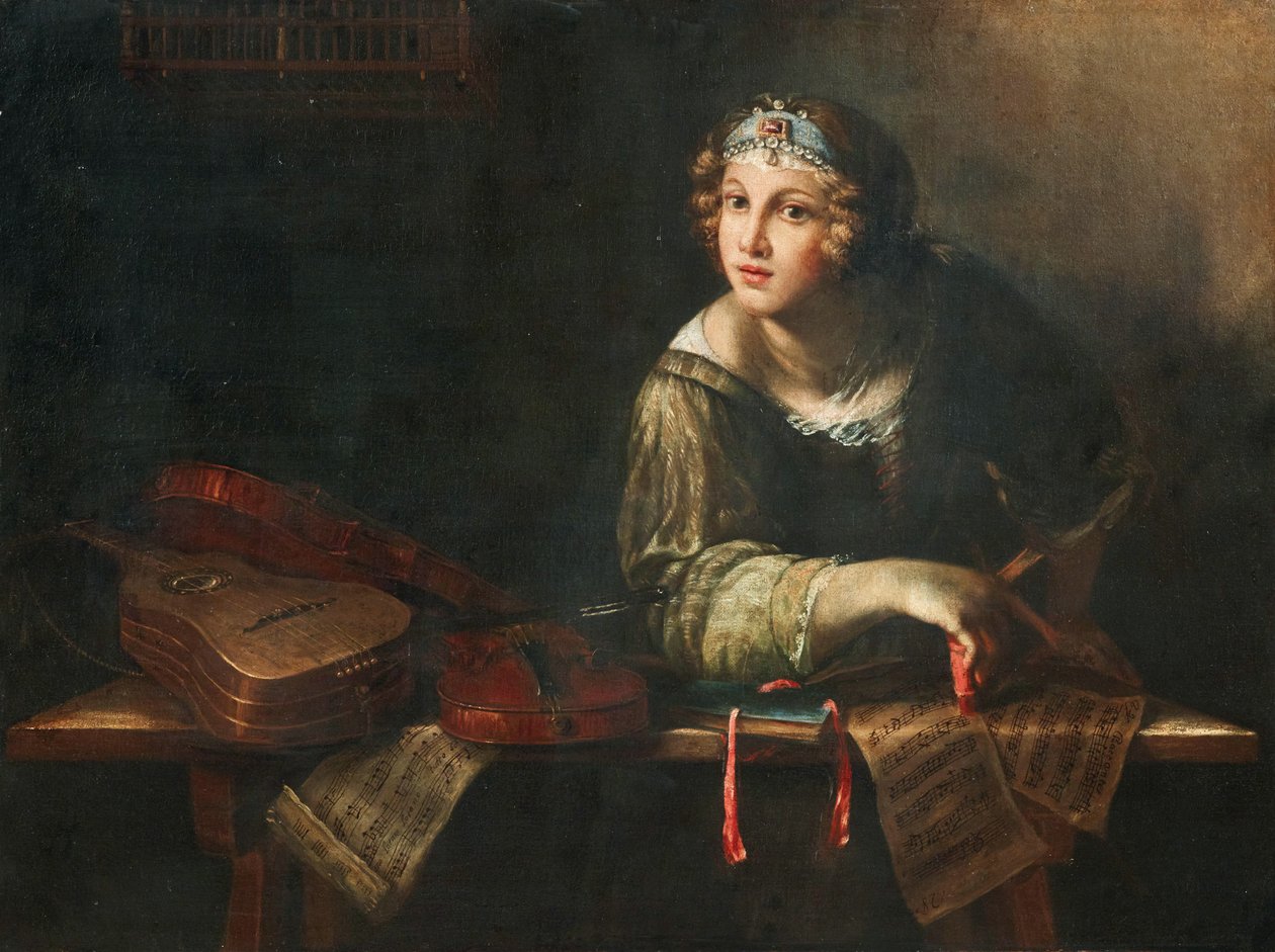 Allegorisk framställning med musikinstrument och noter, 1600-talets andra hälft.. av Girolamo Scaglia