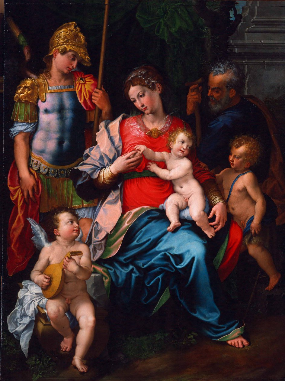 Jungfru och barn med de heliga Johannes döparen, ärkeängeln Mikael och Josef, 1545 av Girolamo Sciolante da Sermoneta