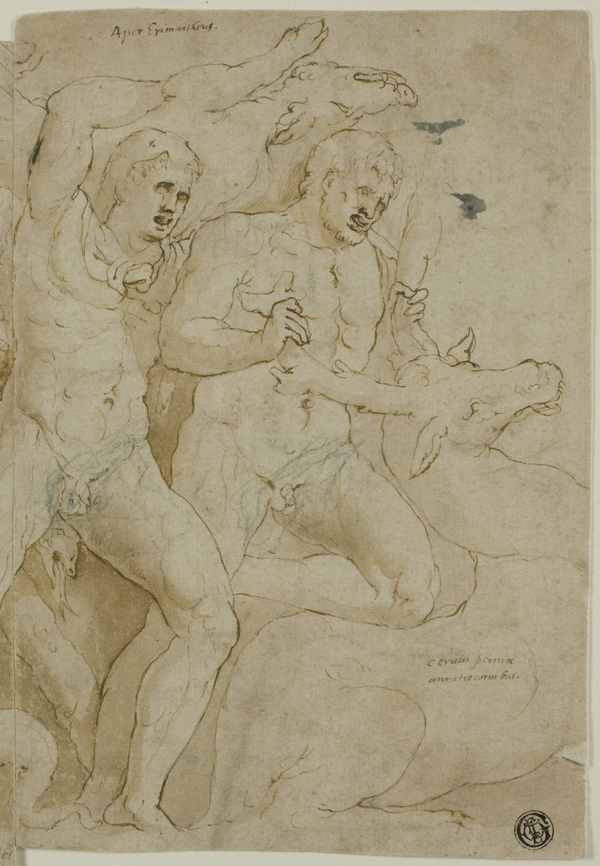Forntida sarkofagrelief med Herkules arbete av Girolamo da Carpi