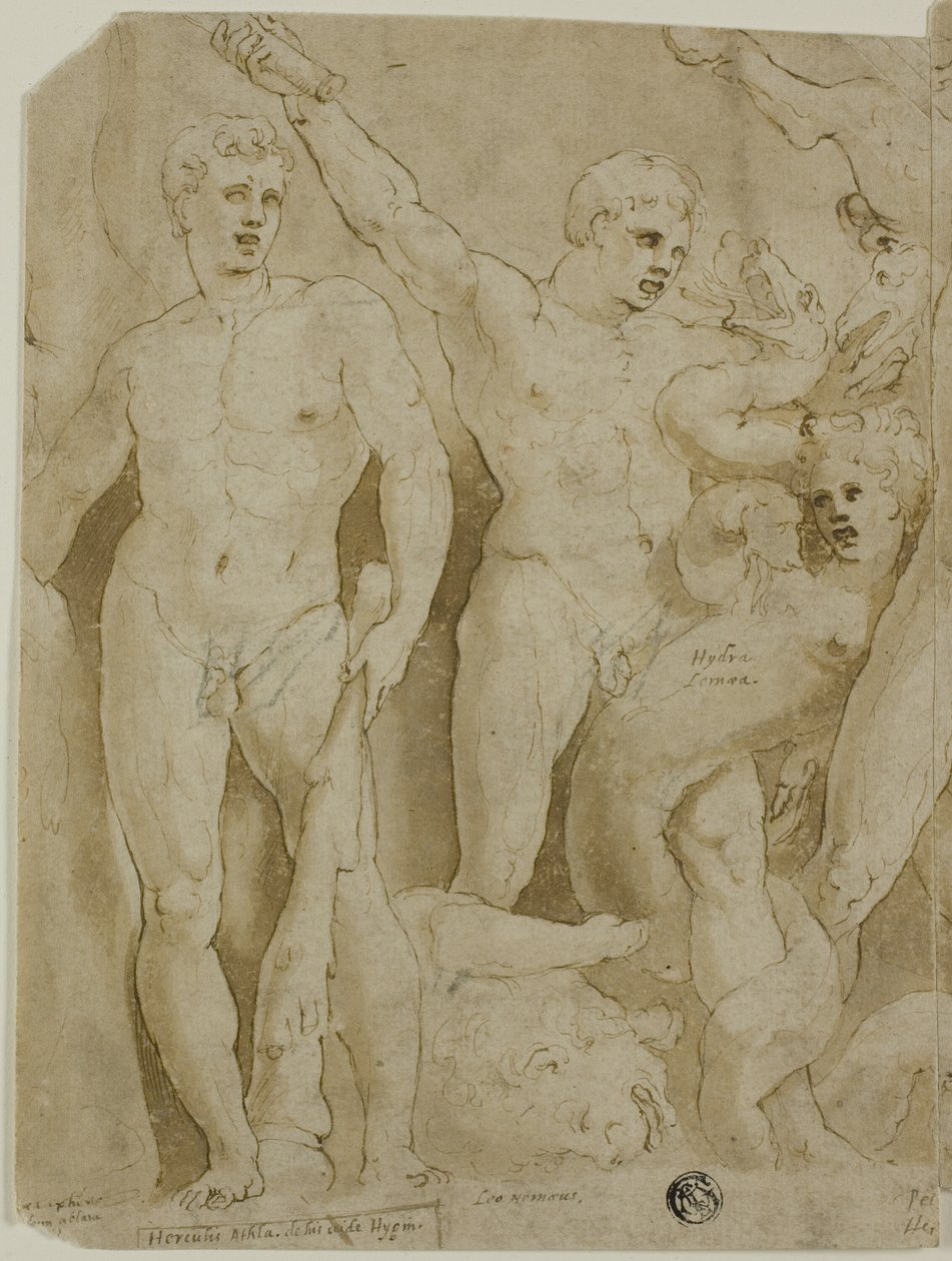 Forntida sarkofagrelief med Herkules arbete av Girolamo da Carpi