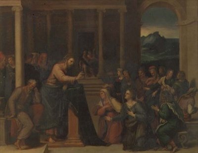 Kristus i Marias och Martas hus (panel) av Girolamo da Carpi