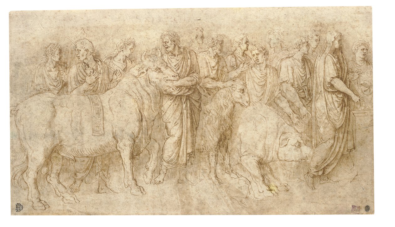 Präster leder en tjur, en bagge och en galt till ett altare, efter antiken (krita, penna och bläck på papper) av Girolamo da Carpi