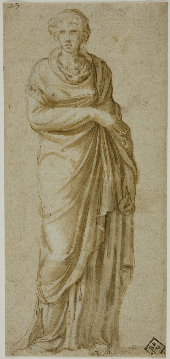 Stående draperad kvinnlig figur av Girolamo da Carpi