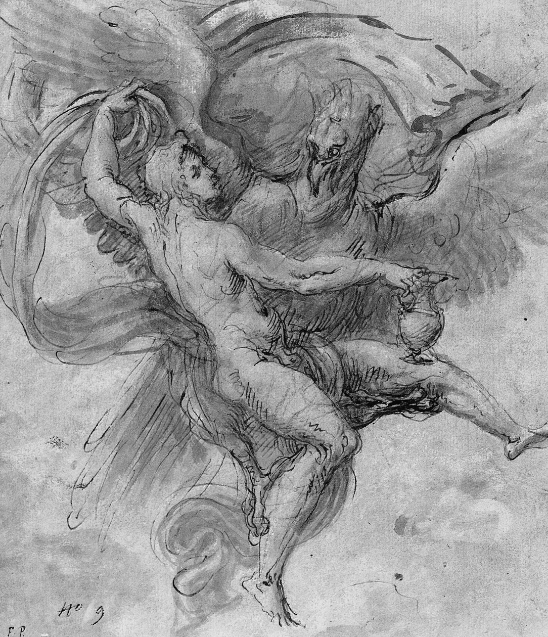 The Rape of Ganymede (krita, penna och bläck och tvätt på papper) av Girolamo da Carpi