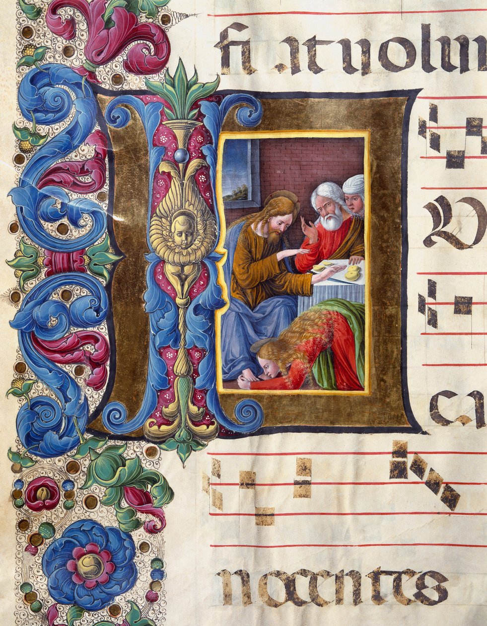 Decoree brevpapper föreställande Maria Magdalena vid Jesu fötter Miniatyr av Girolamo da Cremona (aktivt omkring 1451-1483) och Liberale da Verona (1445-1529) från en kör (Cod. 22/7. c.15v) från katedralen i Siena . 1400-talets katedral (Duomo) av av Girolamo da Cremona